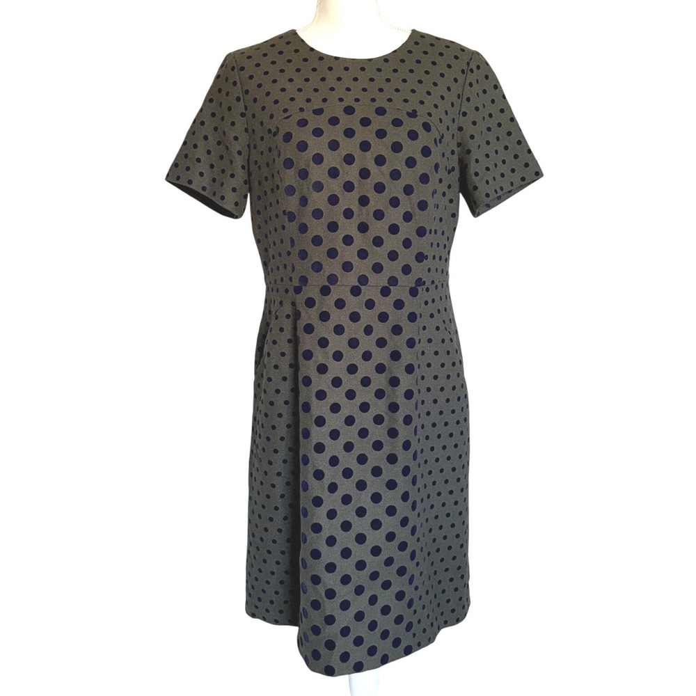 Boden Kathryn Wool Blend Dress Olive Navy Flocked Polka Dot 12L - Picture 2 of 7
